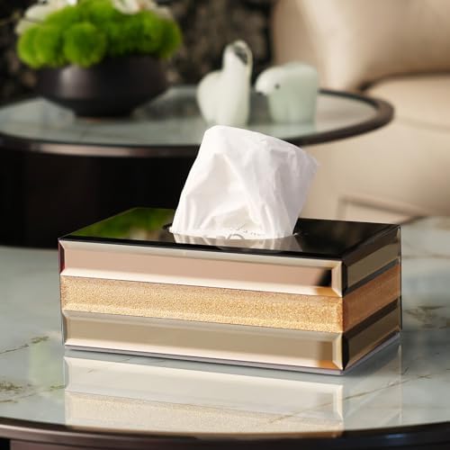 Rectangle Glass Gold Tissue Box Cover - Decorative Sparkle Tissue Box Holder with Mirror Glass for Dresser, Bedroom, Bathroom,Kitchen, Office