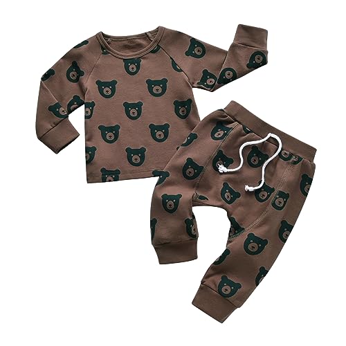 Infant Baby Boy Clothes Toddler Long Sleeve Sweatshirt Bear Print Pullover Tops Pant 2 Pack Outfit Set - 3-4T Brown