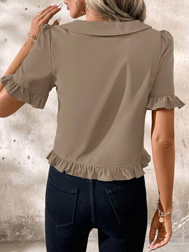 Womens Summer Tops Casual Blouses V Neck Ruffled Elegant Plain Short Sleeve Tops3