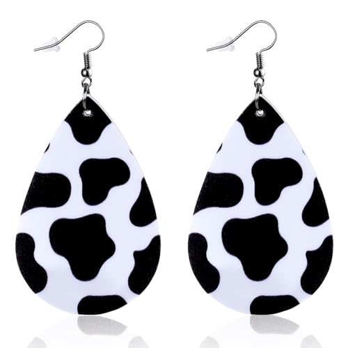 Cow Print Earrings for Women Leather Black and White Dangle Jewelry Outfits Accessories