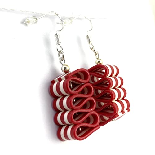 Ribbon Candy Earrings, Handmade, Christmas, Red and White Handmade Products
