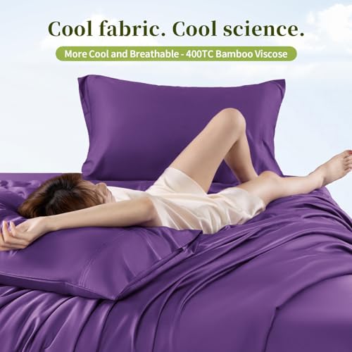 Shilucheng 100% Viscose Derived from Bamboo Queen Size 4pcs Ultra Cooling & Silky Soft Bed Sheets, 16" Deep Pocket, Perfect for Hot Sleepers, Hotel Bedding Sheets (Purple)