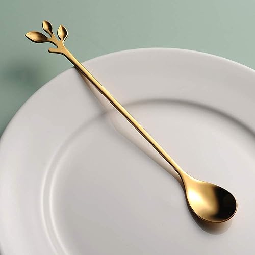 Miniatura 6 de AnSaw 6 cucharas de té de mango largo de hoja dorada de 6.5 pulgadas y 8 cucharas de café pequeñas de 4.7 pulgadas y 8 tenedores pequeños de 4.7