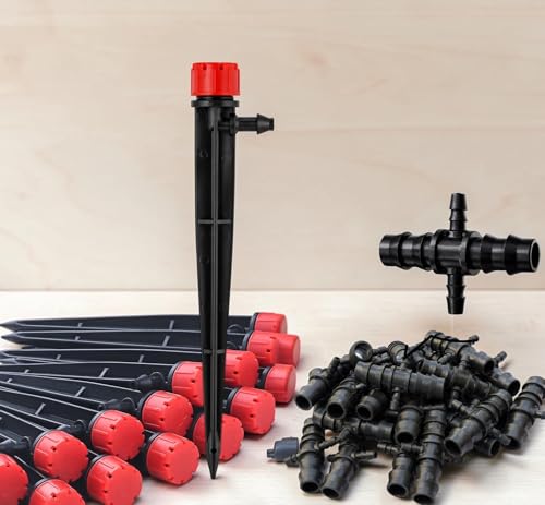 Image of TechHark Adjustable 360 Degree Drippers on 5 inch Arrow Stake, 25 Pcs, with 16mm to 4mm Cross 4-Way Connectors, 13 Pcs, Drip Irrigation System