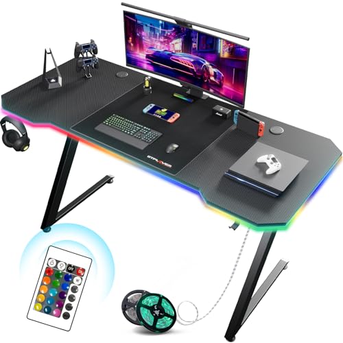 GTPLAYER - GTPLAYER Bureau Gaming 120 x 60 cm, Bureau Gamer avec LED, Table Gaming PC avec Tapis de Souris, Crochet pour Casque, Noir