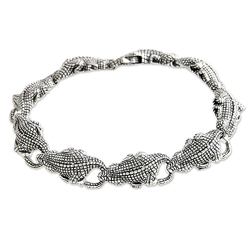 Novica Handmade Men's .925 Sterling Silver Link Bracelet No Stone Indonesia Animal Themed Lizard [8.75 In L X 0.5 In W] 'Tropical Crocodile' #TOP13