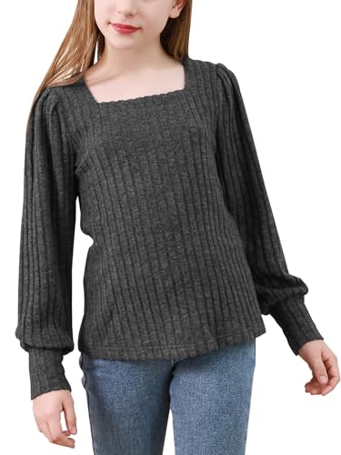 GORLYA Girls Square Neck Trendy Puff Long Sleeve Shirts Kids Ribbed Knit Tops Blouses 6-16Years - Main Image