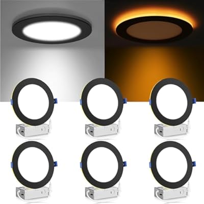 Meconard 6 Pack 6 Inch 5CCT LED Recessed Ceiling Light with Night Light, 2700K/3000K/3500K/4000K/5000K Selectable Ultra-Thin Lighting, 12W=110W, 1050LM, Dimmable Canless Wafer Downlight, Black Trim