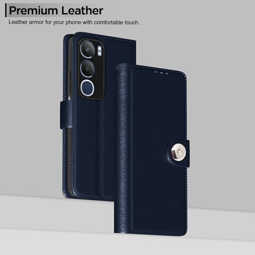 Image of Pikkme Flip Cover Leather Finish | Inside TPU with Card Pockets | Wallet Stand and Shock Proof | Complete Protection Button Flip Case for Vivo Y19s(Blue)