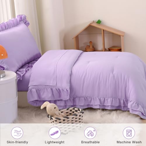 Image of Toddler Bedding Set for Girls, 4 Piece Double Ruffles Soft and Breathable Toddler Bed Sheets with Boho Toddler Comforter, Fitted Sheet, Flat Sheet and Pillowcase, Purple