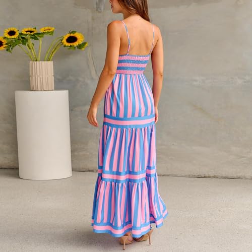 Image of Yuemengxuan Boho Maxi Dresses for Women Spaghetti Strap Flowy Smocked Long Dress Casual Summer Vacation Beach Maxi Dress