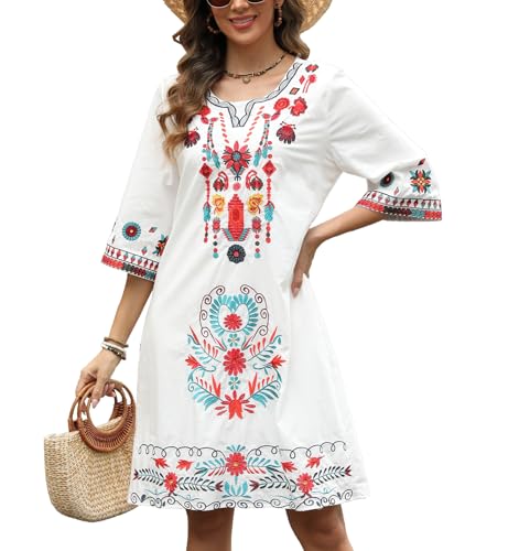 Image of Higustar Mexican Embroidered Dress Summer Cotton Bohemian Flower Peasant Traditional Mexico Fiesta Boho Dresses for Women