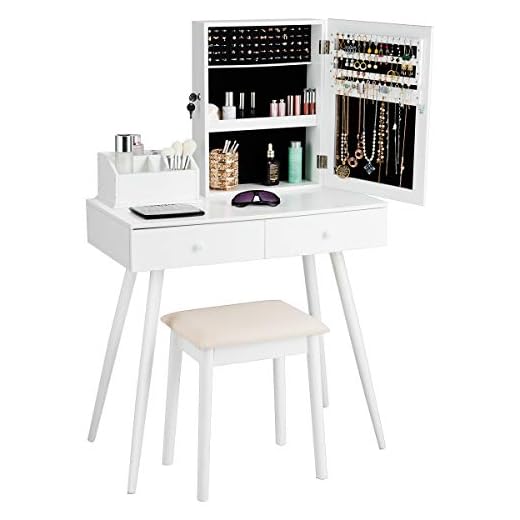 Giantex Makeup Vanity Set with Lockable Jewelry Cabinet and Mirror, 4 Makeup Organizers, 2 Sliding Drawers, Makeup Table with Cushioned Stool, 2-in-1 Dressing Table with Jewelry Armoire