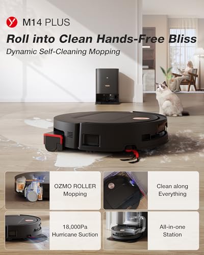 Image of Yeedi M14 Plus Robot Vacuum and Mop, 18,000Pa Suction, OZMO Roller Instant Self-Washing Mopping, 167℉ Smart Dynamic Hot Wash & Auto-Dry, ZeroTangle 3.0 Anti-Hair Brush, All-in-One Omni Station, Black