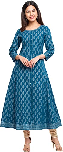 Image of Yash Gallery Women's Cotton Relaxed Fit Anarkali Plus Size Gold Printed Kurta