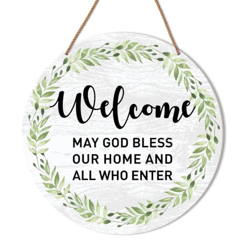 HSNBT Christian Welcome Sign for Front Door, Religious Home Welcome Sign for Door Porch Entryway Farmhouse Hanging Sign Wall Decor, May God Bless Our Home and All Who Enter