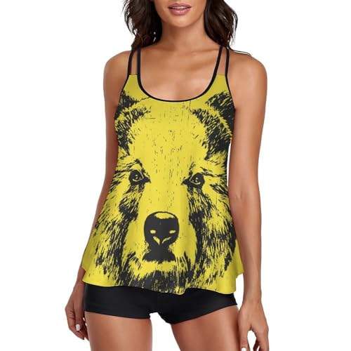 Maillot de bain tankini femme avec short de garçon rétro imprimé ours robe de plage