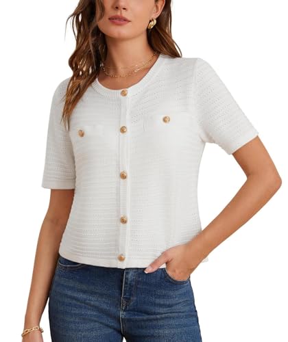 GRACE KARIN Women’s Cardigan Short Sleeve Button Down Lightweight Cropped Cardigan Textured Knitted Sweater Tops