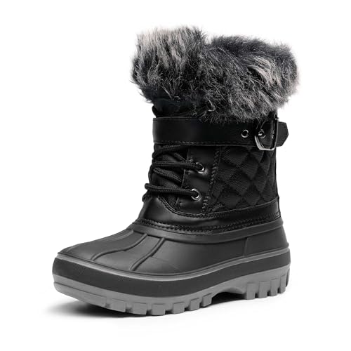 DREAM PAIRS Girls Boys Snow Boots Water-Resistant Outdoor Warm Cozy Anti-Slip Mid Calf Faux Fur Lining Winter Shoes for Little/Big Kids,Size 1 Little Kid,Black,KRIVER-3