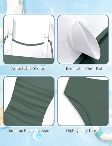 Image of Girls Tankini Swimsuit Solid Color Blocking Two Piece Bathing Suit Ruched Slimming Teen Girls' Swimwear for 9-18Years