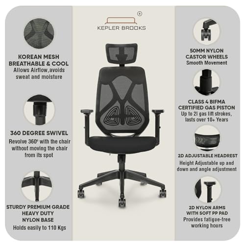 Image of Kepler Brooks Marvel Office Chair for Work | 3-Yr Warranty | Ergonomic Office Chair, Study Chair for Home, 2D Headrest & Armrest, Adjustable Lumbar, Multi Lock Recliner, Heavy Duty Metal Base (Black)