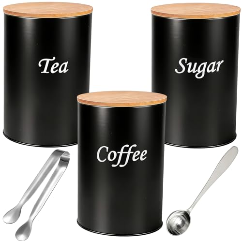 Houbobo 3-Piece Airtight Metal Canisters Set for Tea, Coffee, and Sugar with Wooden Lids and Accessories - Kitchen Storage Solution (Black, 15cm H)