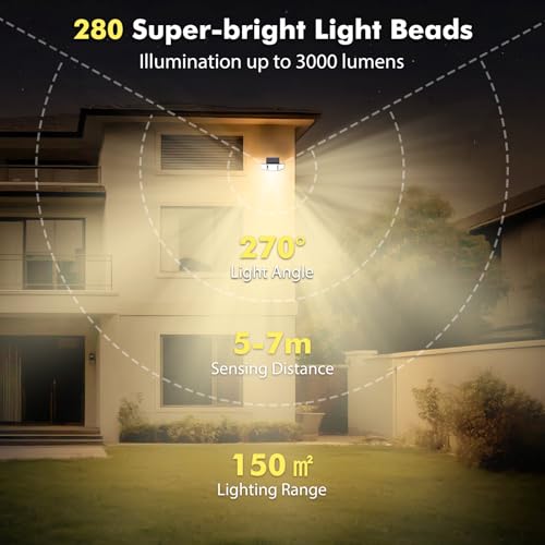 Solar Flood Lights Outdoor, 3 Color Temperature 280 LED 3000LM Solar Motion Sensor Lights Outdoor, IP65 Waterproof 3000mah 3 Heads Wall Security Light, 270° Wide Angle, Garage, Pool, Garden, 2 Pack by Orbecco - Image 3