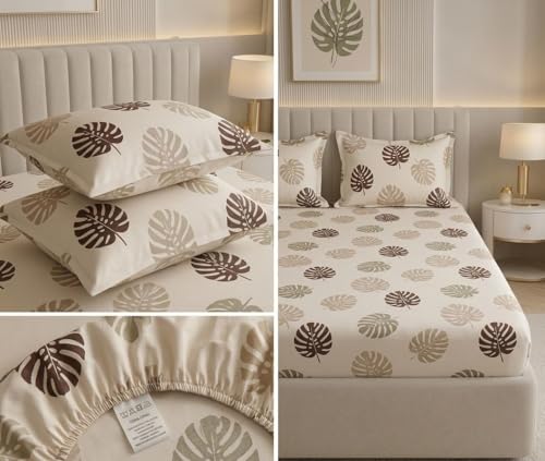 Image of Castiqa Cotton Feels All Over Elastic Fitted Bedsheet Set Perfect Upto 10inch Mattress with 2 Matching Pillow Covers Size-18x28inch (King Size 72x78, Light Stripes)