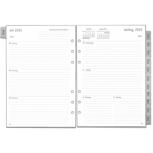 2025 2026 Wochenplaner Einlage A5 6 Löcher, Deutsch, 1 Woche 2 Seiten mit Tabs, Extra Notizen Kontakt, von Aug.25 bis Jul.26, Dicker Papier, 100 gsm, Nachfüllung für Kalender 2025 2026 Planer