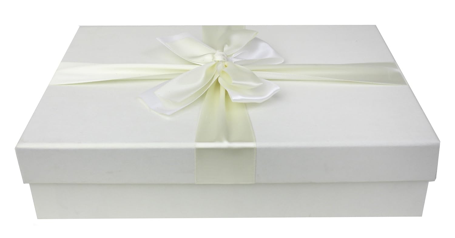 Emartbuy Single Rigid Gift Box, Ivory Box with Lid, Brown Interior and Satin Decorative Ribbon
