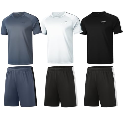 RPOVIG Shirts Shorts Workout Set:Men's 3 Pack Clothes Short set outfits Gym Active Athletic Basketball