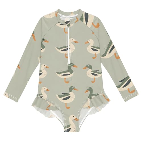Girls One Piece Swimsuits Long Sleeve Swimsuit Zipper Bathing Suits Duck Farm Grey
