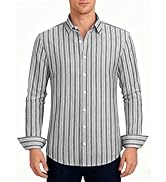 Lzzidou Men's Striped Button Down Shirt Cotton Blend Long Sleeve Collared Dress Shirts for Busine...