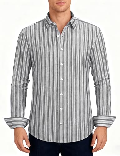 Lzzidou Men's Striped Button Down Shirt Cotton Blend Long Sleeve Collared Dress Shirts for Business Work Office Casual Date
