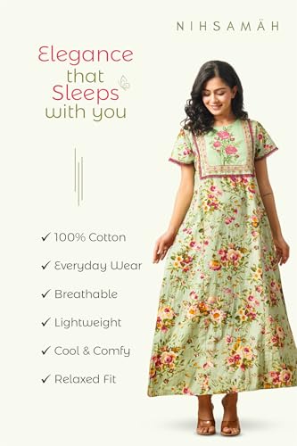 Image of NIHSAMAH Cotton Nighty for Women - Printed Stylish Night Gown, Comfortable Sleepwear Long Nightwear, Maxi
