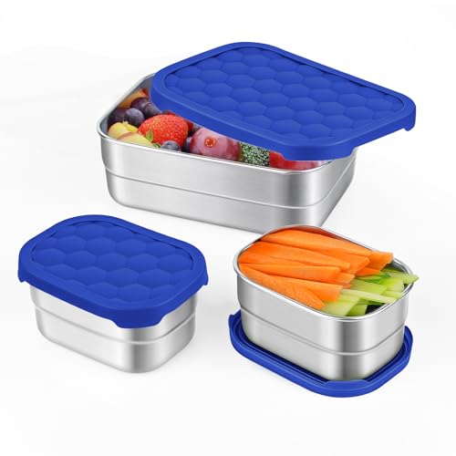 Image of Tanjiae 3 CUP+1 CUP Stainless Steel Lunch Snack Containers Set | Leak Proof 304 Stainless Steel Food Containers with Silicone Lids - Perfect Metal Lunch Box for Home and Travel (25oz+8oz*2)