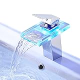 ROVATE Bathroom Sink LED Waterfall Faucet 3 Colors Changing Temperature Control Light Mixer Polished Chrome Tap