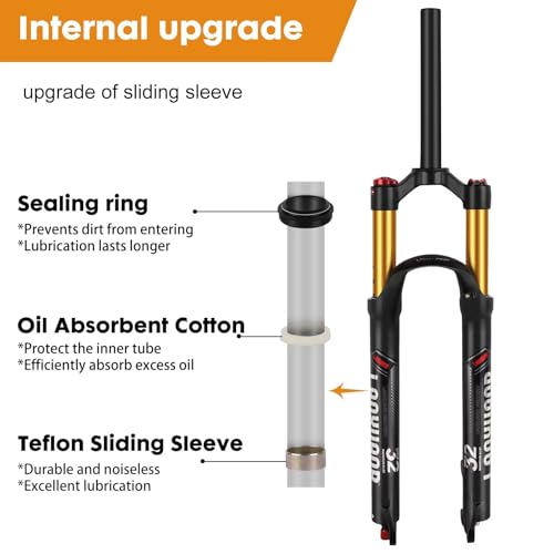 LANXUANR 26/27,5/29 Zoll Mountainbike Gabel. Rückpralleinstellung. Gerade Gabelschaft/Konisches Gabelschaft Luftfederung, 100 mm Federweg, 9 mm Achse, Scheibenbremsen