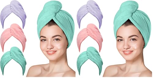 Image of Hicober Microfiber Hair Towel, 3 Count of Turbans Drying wrap Towels for Curly or Wet Hair Women Anti Frizz (Pink,Purple,Green) (Pack of 2)