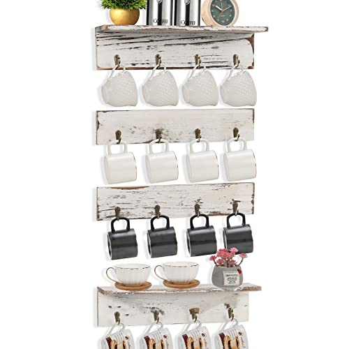 JUJOYBD Tassenhalter Wand, Hängendes Tassenregal mit 16 Haken, Holz Regal...