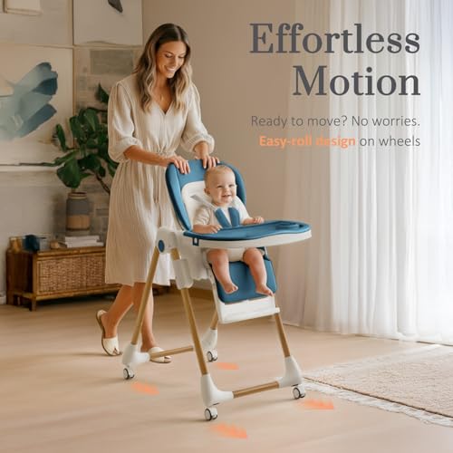 Image of Foldable High Chairs for Babies and Toddlers, 3-in-1 Convertible Baby High Chair with Removable Soft Cushion and Tray, Adjustable Height & Recline, Lockable Wheels, Dark Blue