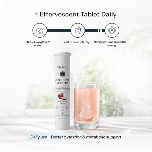 Image of Miduty ACV Effervescent Tablets With 500mg Apple Cider Vinegar , Vit B6 & B12, 10% Acetic Acid | Control Appetite Supports Bloating & Metabolism, No Added Sugar, No Maltodextrin- Pack of 2 (30 Tablets)