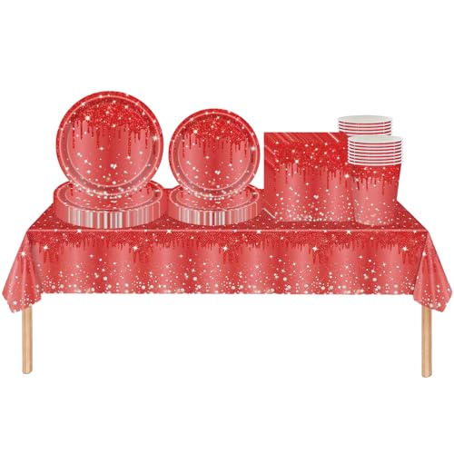 69 pièces Rouge Brillant Strass Jetables Party Vaisselle Set, Papier Tasses Serviettesr Assiettes Set, pour Barbecue les Fêtes les Pique-niques Enfants...