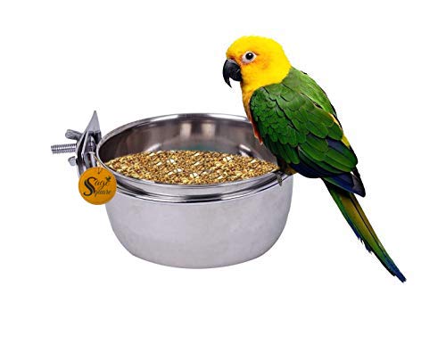 Image of Sage Square Stainless Steel Rust-Proof Cage Food, Seed, Water Feeder Cum Bowl with Hook /Holder for Bird - No Spill No Mess (200ml) (1 Piece)
