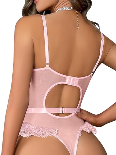 Image of Lilosy Sexy Stocking Lace Mesh Bodysuit Top Underwire Garter Lingerie Set 3 Piece
