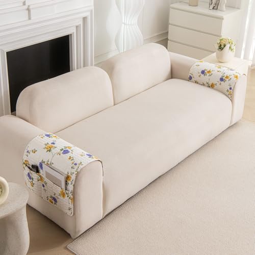Image of HOMETHREADS Anti-Skid Sofa Protector Mat: Premium Printed Cotton Slipcover with Strong PVC Non-Slip Backing, (Purple Beige, 2Pc Armrest Mat | 50x75cm)