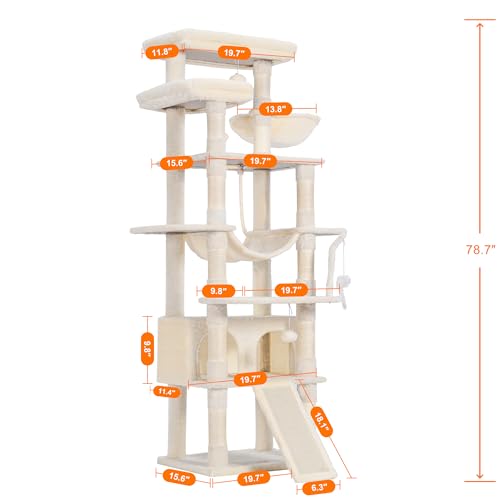 Image of Heybly Tall Cat Tree 78-inch Multi-Level Cat Tower for Indoor Cats HCT033M | Cat Condo with 2 Widened Plush Perches, Multi-Level Cat Furniture with Scratching Board, Big Caves, Beige