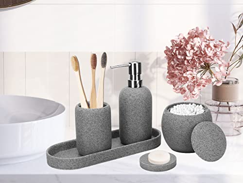 Resin Bathroom Accessories Set, 5 Pcs Sturdy Matte Grey Bathroom Accessory Set With Tray,Toothbrush Holder,Soap Dish,Lotion Soap Dispenser,Qtip Holder, Modern Bathroom Decor And Gift Set #TOP1