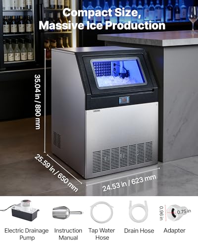 Image of VEVOR Commercial Ice Maker Machine with Pump, 360 lbs /24h with 85 lbs Storage Capacity, Built-in /Freestanding /Under Counter, Stainless Steel Ice Maker with LED Display & Self-Cleaning, for Home Bar