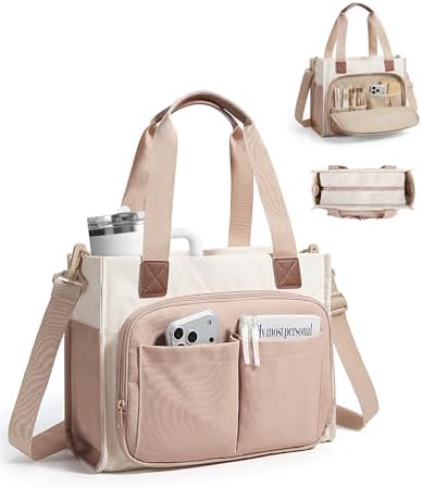 BAGSMART Canvas Tote Bag for Women, Work Tote Bag with Zipper, Crossbody Handbag for Travel Teacher Nurse, Small, Camel